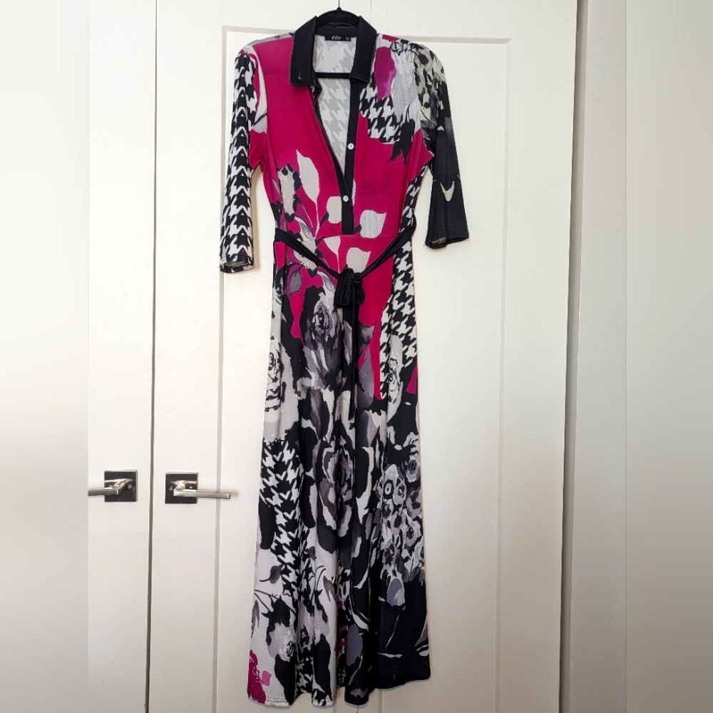 Lily by Firmiana Women's Dress size M Maxi Long 3/4 sleeves fuscia houndsooth